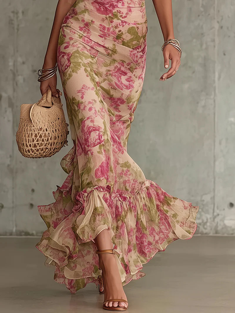 Fiora | Vestido largo romántico de estilo vintage con estampado de rosas y mangas abullonadas