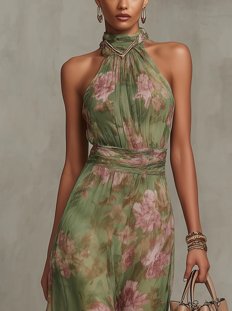 Serena | Vestido largo verde floral en chiffon con escote halter