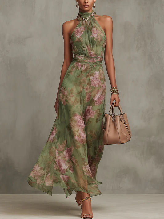 Serena | Vestido largo verde floral en chiffon con escote halter
